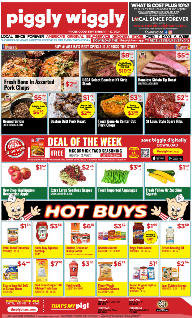 Piggly Wiggly Weekly Ad for September 11-17, 2024, featuring Alabama's best specials, the Deal of the Week for free McCormick Taco Seasoning, and Cost Plus 10% hot buys on grocery items.